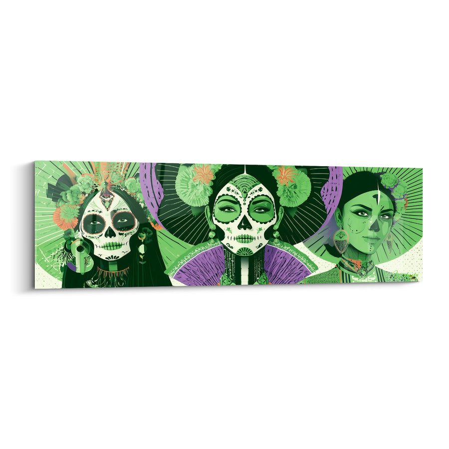 Tableau Trio de visages verts et violets aux œillets rayonnants - Éventails en dentelle - Edition Dia de los Muertos