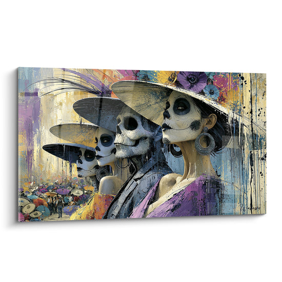 Catrinas en profil, violet et doré, chapeaux fleuris, maquillage crâne, style Dia de los Muertos expressif