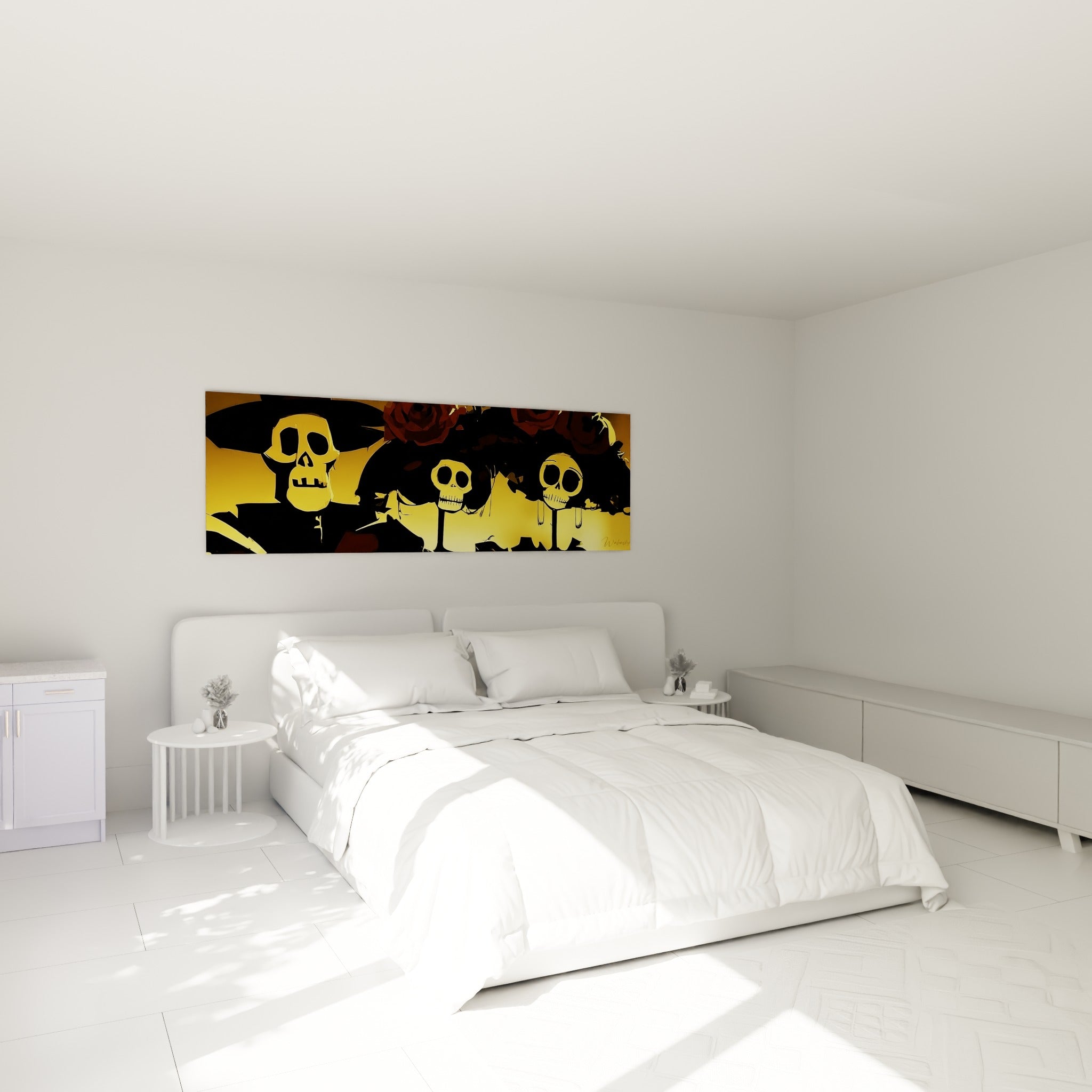 Silhouettes squelettiques dorées ornent ce tableau Dia de los Muertos accroché au-dessus d'un lit dans une chambre claire