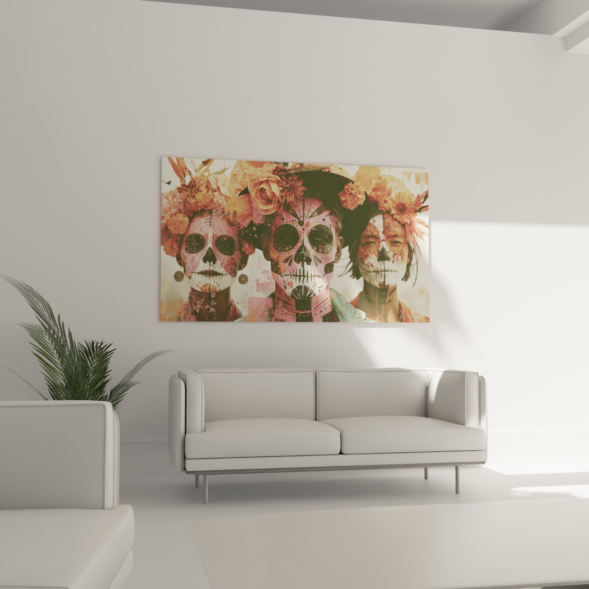 Portraits Dia de los Muertos en crânes fleuris rose et vert d'eau, au-dessus d'un canapé dans un salon lumineux