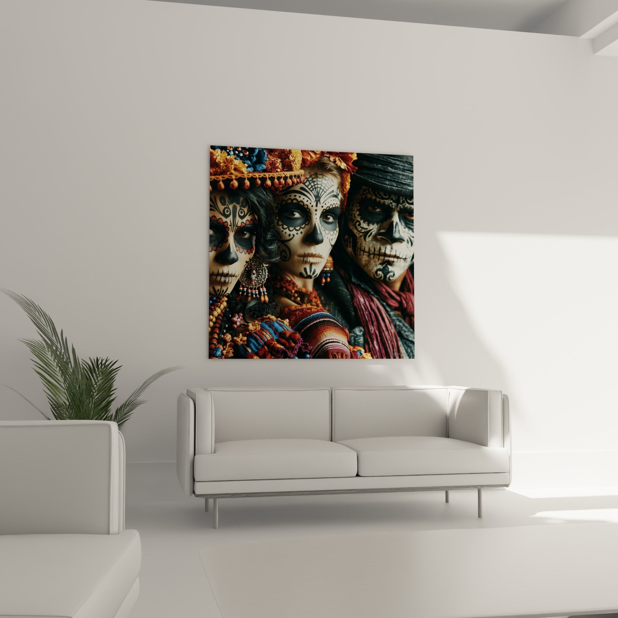 Portrait Dia de los Muertos aux motifs noirs et rouges, chapeau sombre, au-dessus d'un canapé dans un salon lumineux