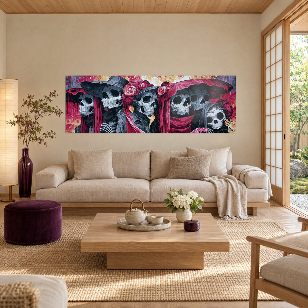 Quadro di teschi sorridenti sotto cappelli a tesa larga, foulard bordeaux e fondo oro, sopra un divano in un soggiorno luminoso