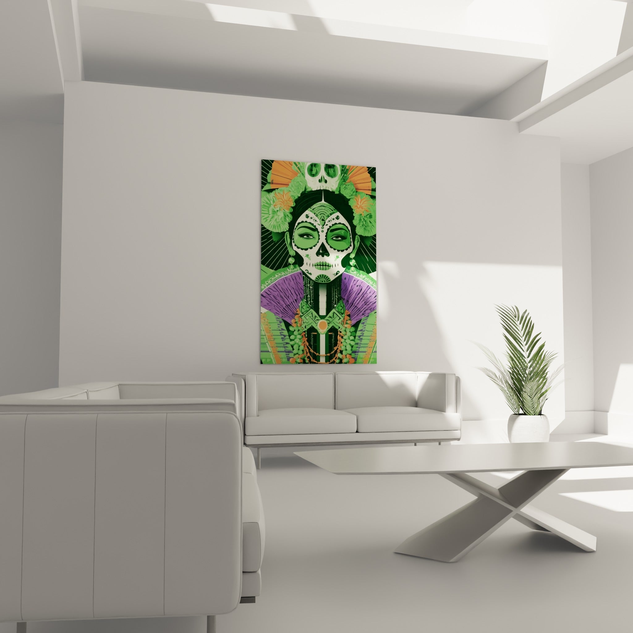 Coiffe florale violette et orange d'une Catrina verte, suspendue au-dessus d'un canapé dans un salon lumineux