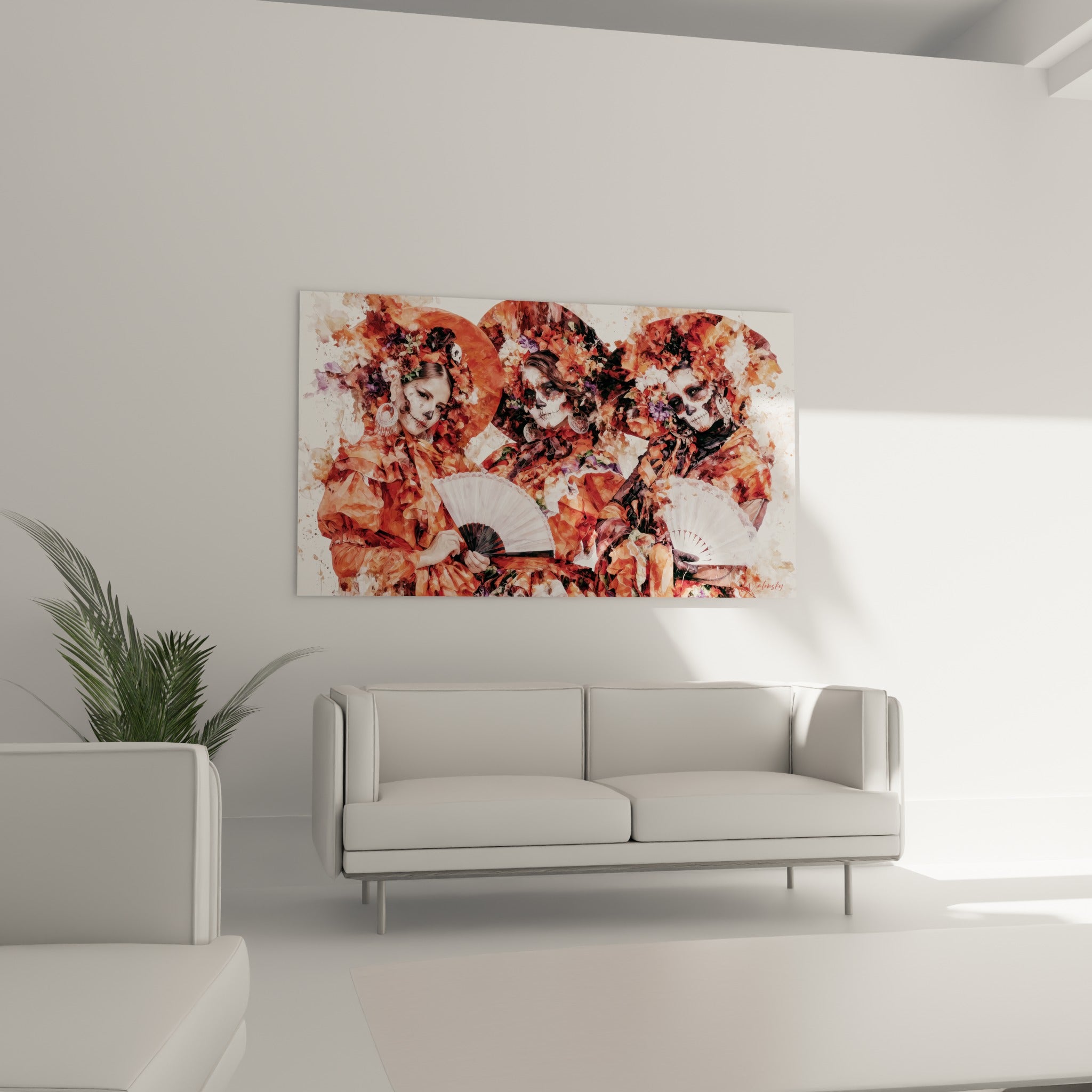 Visages peints orange et blanc de ce tableau Dia de los Muertos accroché au-dessus d'un canapé dans un salon lumineux