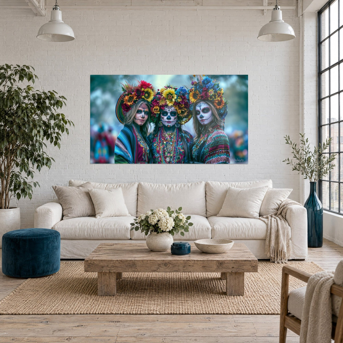 Tableau trois femmes aux visages de calavera et couronnes de tournesols, bleu profond et jaune, au-dessus d'un canapé dans un salon lumineux