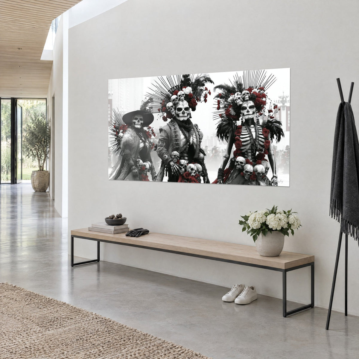 Cuadro procesión de difuntos con tocados de lanzas y claveles púrpura, blanco y negro, vista de tres cuartos sobre pared clara, banco de madera