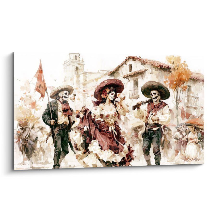 Tableau Squelettes en cortège bordeaux et sable - Défilé des âmes - Edition Dia de los Muertos