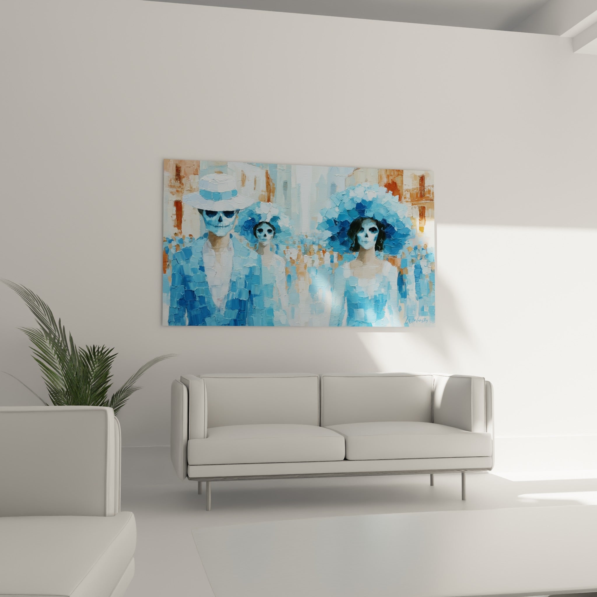 Personnages masqués aux coiffes fleuries bleues et blanches suspendus au-dessus d'un canapé dans un salon lumineux