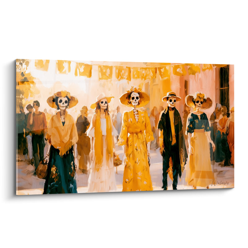 Tableau Squelettes en robe jaune et verte sur rue animée - Fanions suspendus en arrière-plan - Edition Dia de los Muertos