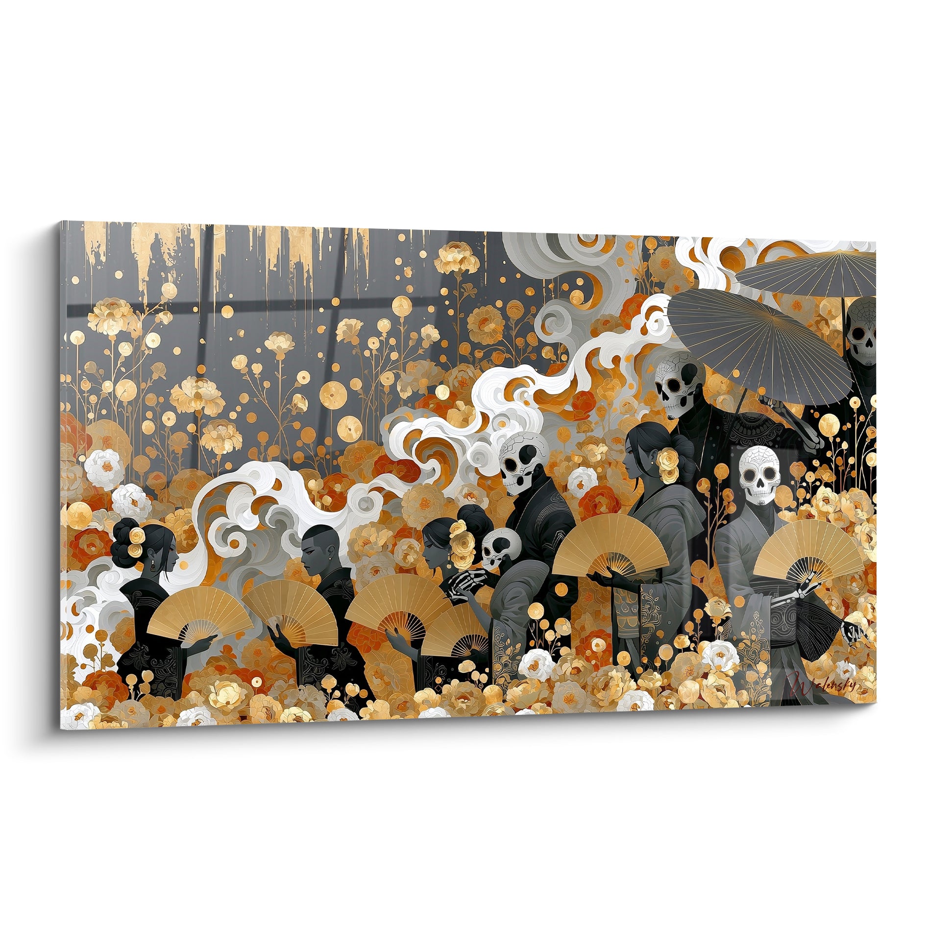 Cortège Dia de los Muertos aux silhouettes anthracite, crânes blancs et éventails dorés parmi les fleurs