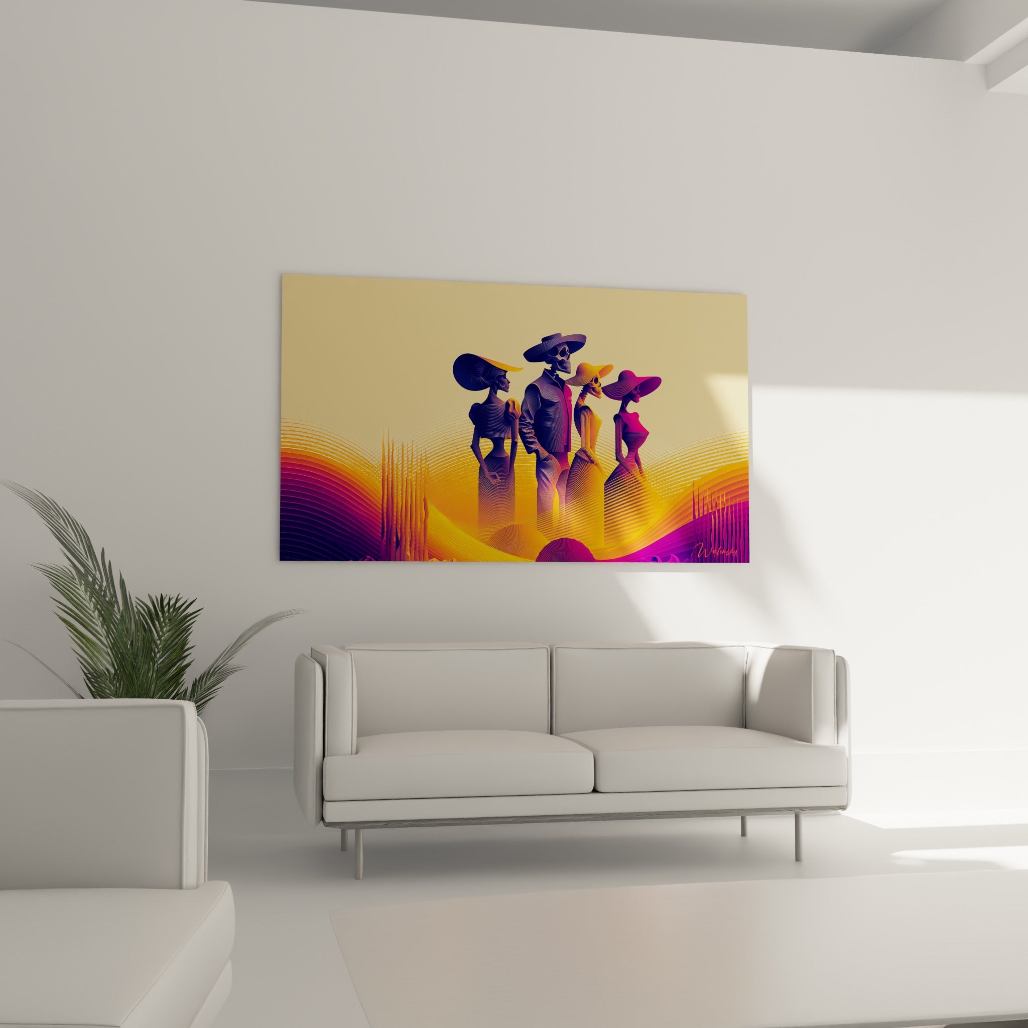 Cortège stylisé de squelettes violets et dorés, tableau Dia de los Muertos au-dessus d'un canapé dans un salon lumineux