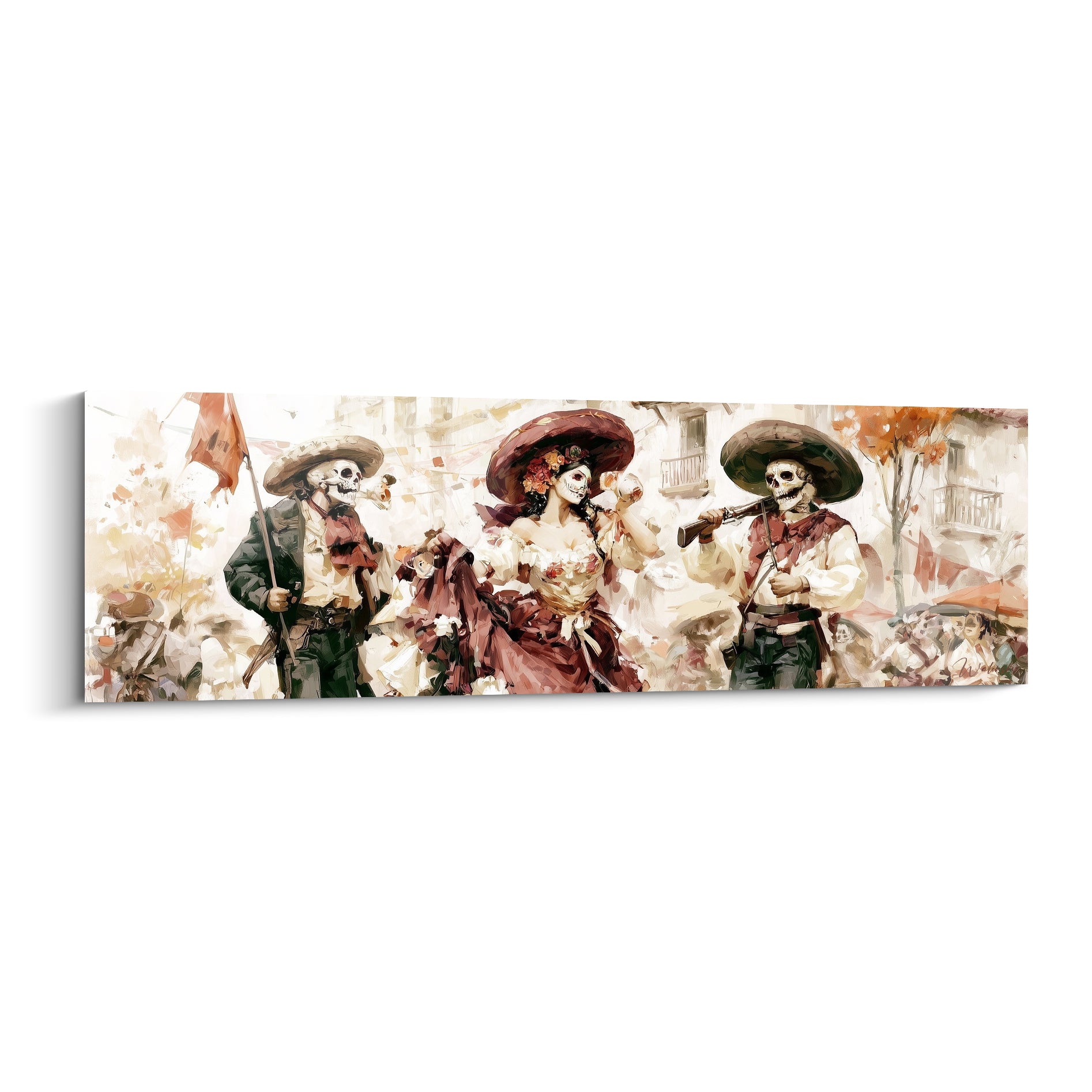 Trois squelettes en cortège, sombreros bordeaux et vestes anthracite, aquarelle mexicaine Dia de los Muertos