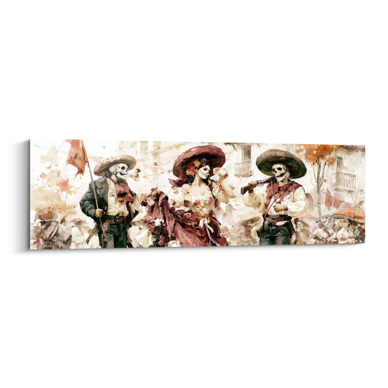 Tableau Trio révolutionnaire bordeaux et ivoire aux fusils portés - Drapeau et sombreros - Edition Dia de los Muertos