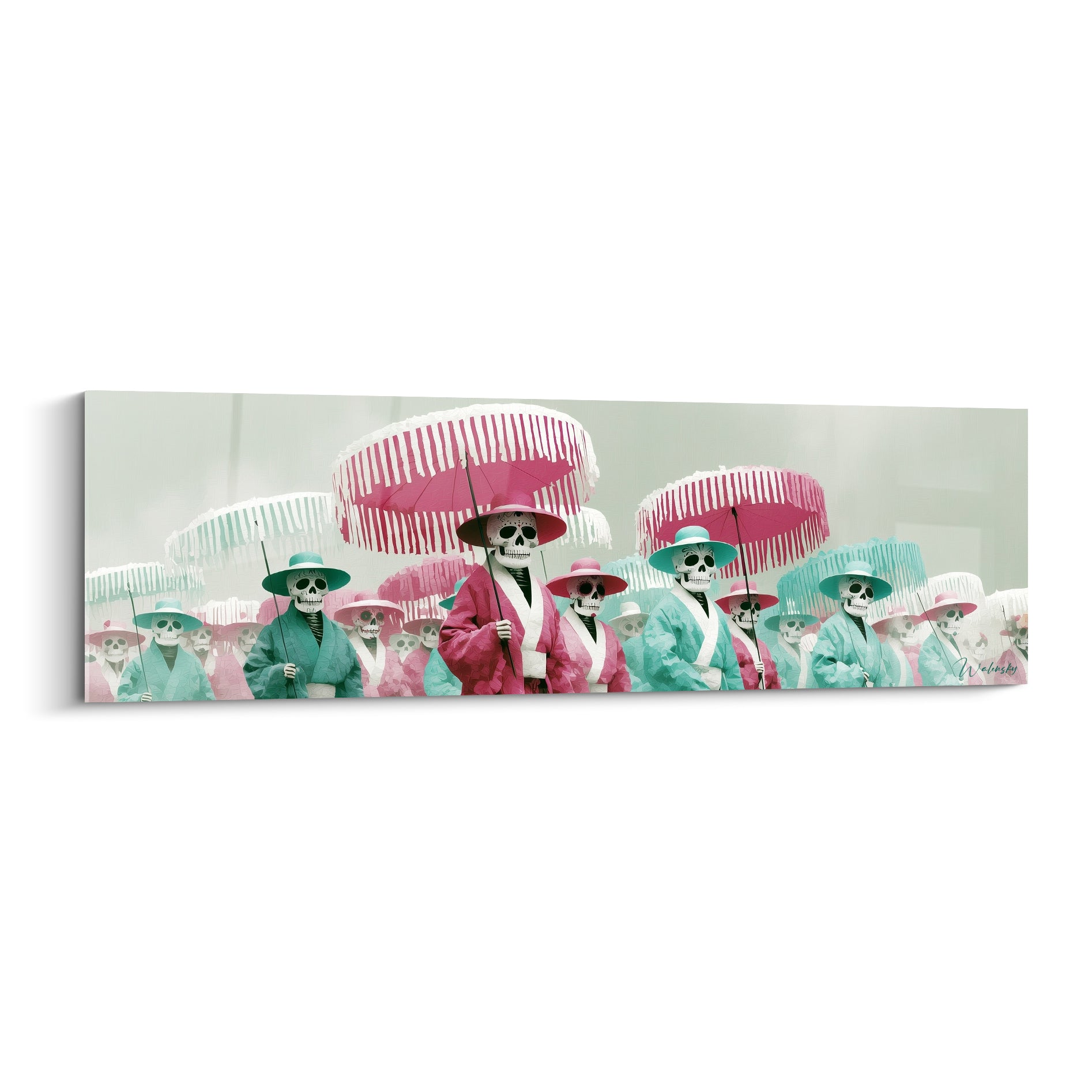 Cortège de squelettes en kimonos rose et turquoise sous ombrelles à franges blanches, tableau Dia de los Muertos