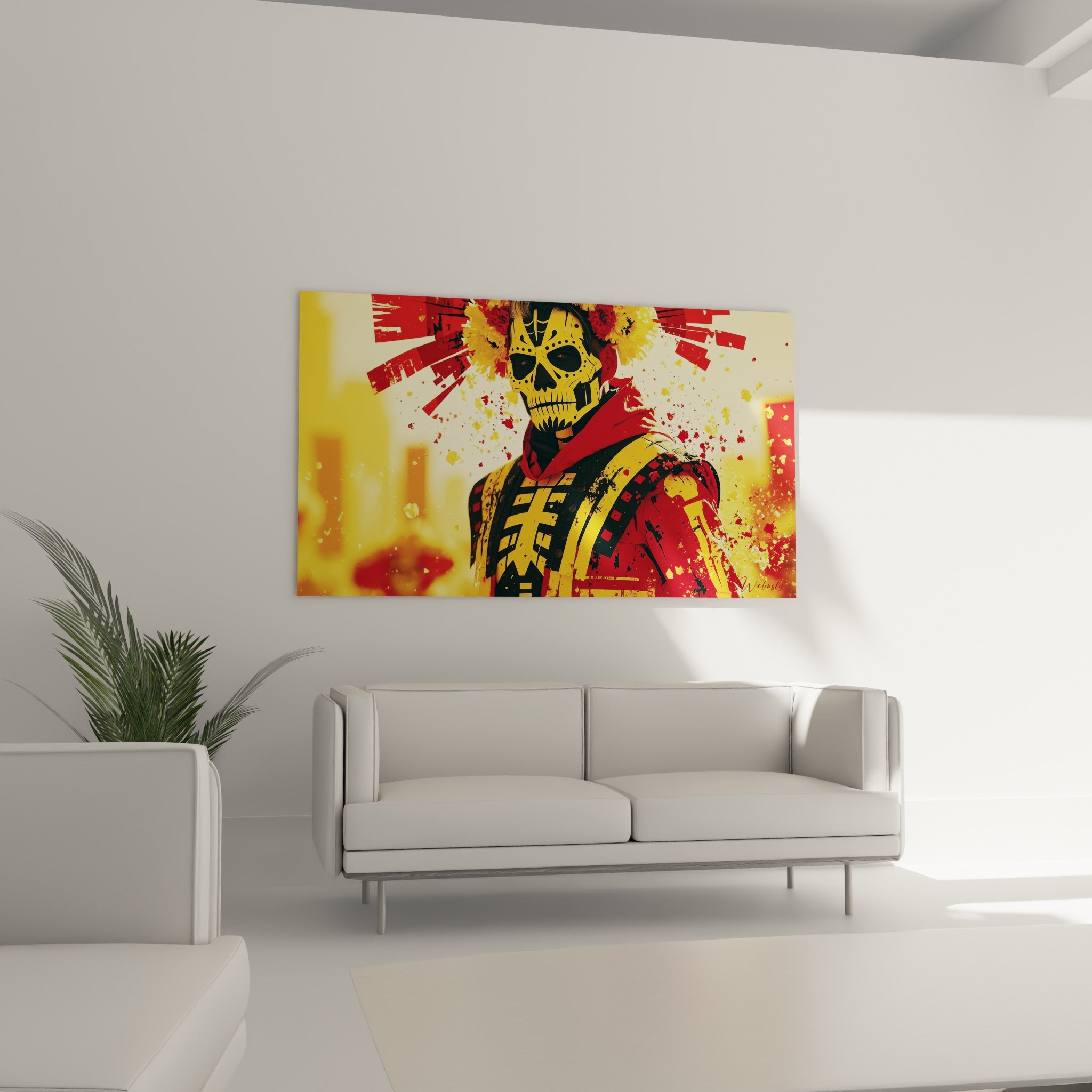 Personnage au visage peint jaune et rouge du Dia de los Muertos suspendu au-dessus d'un canapé dans un salon lumineux