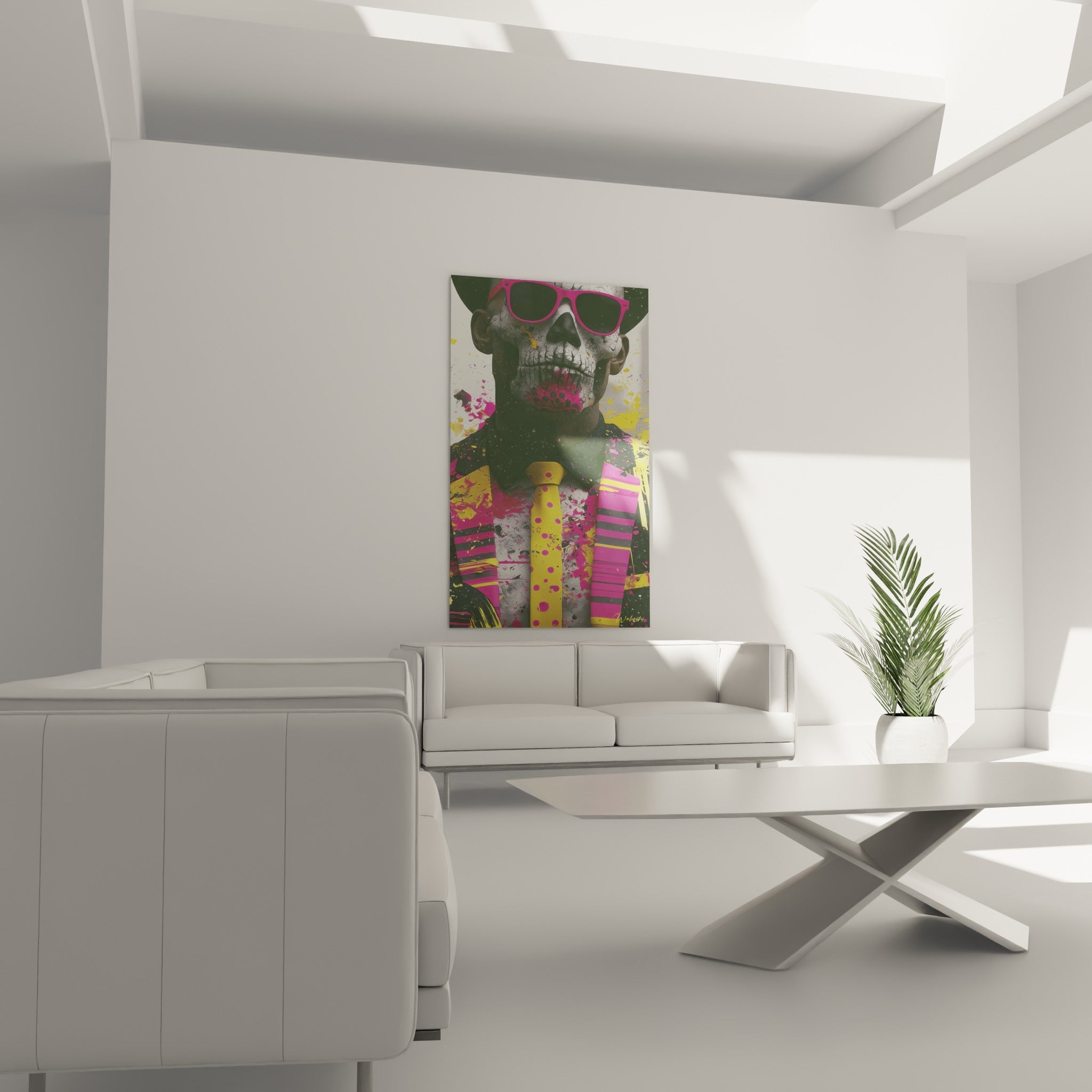 Personnage squelette en costume rayé rose et anthracite orne le mur au-dessus d'un canapé dans un salon lumineux