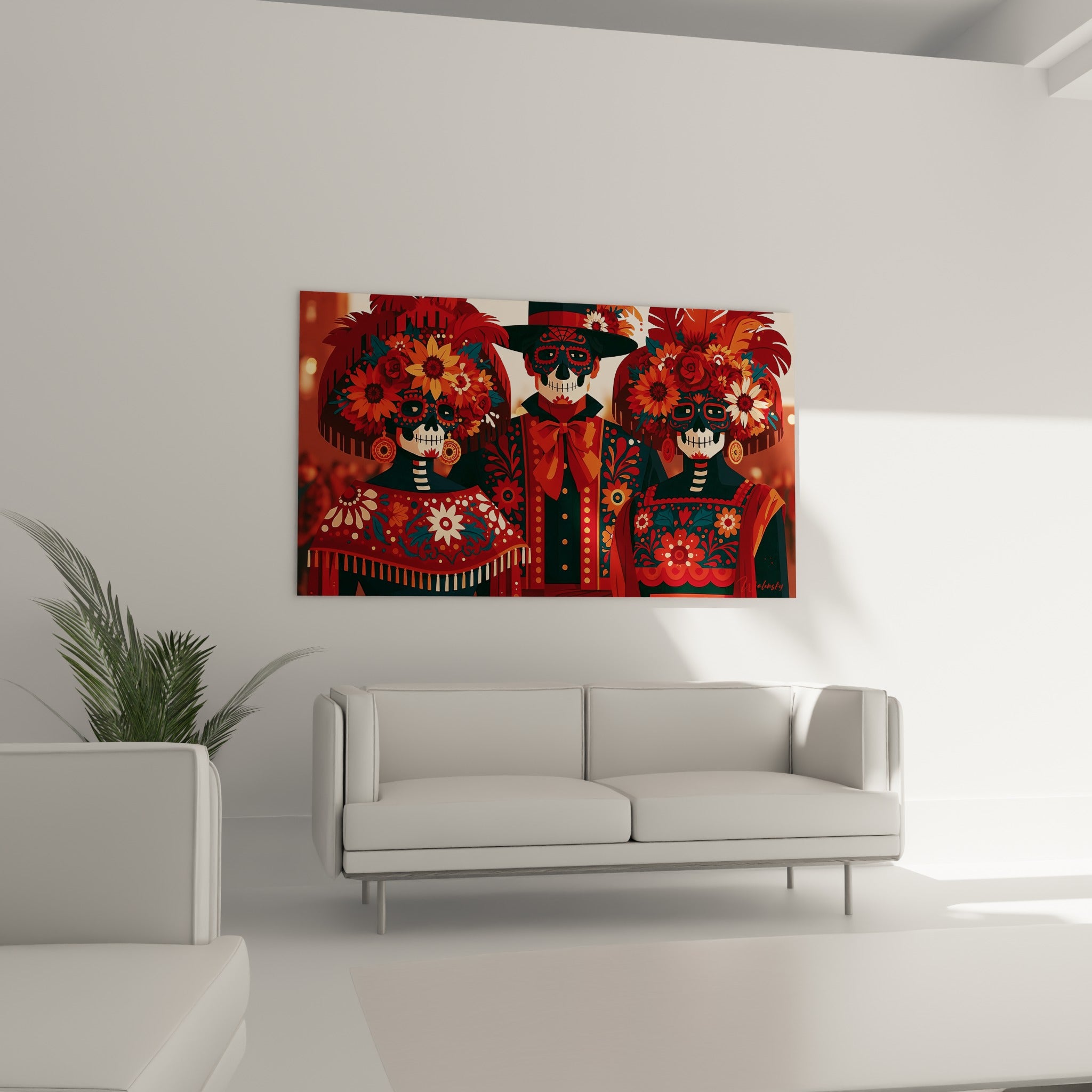 Trio du Dia de los Muertos en costumes brodés rouge et vert, au-dessus d'un canapé dans un salon lumineux