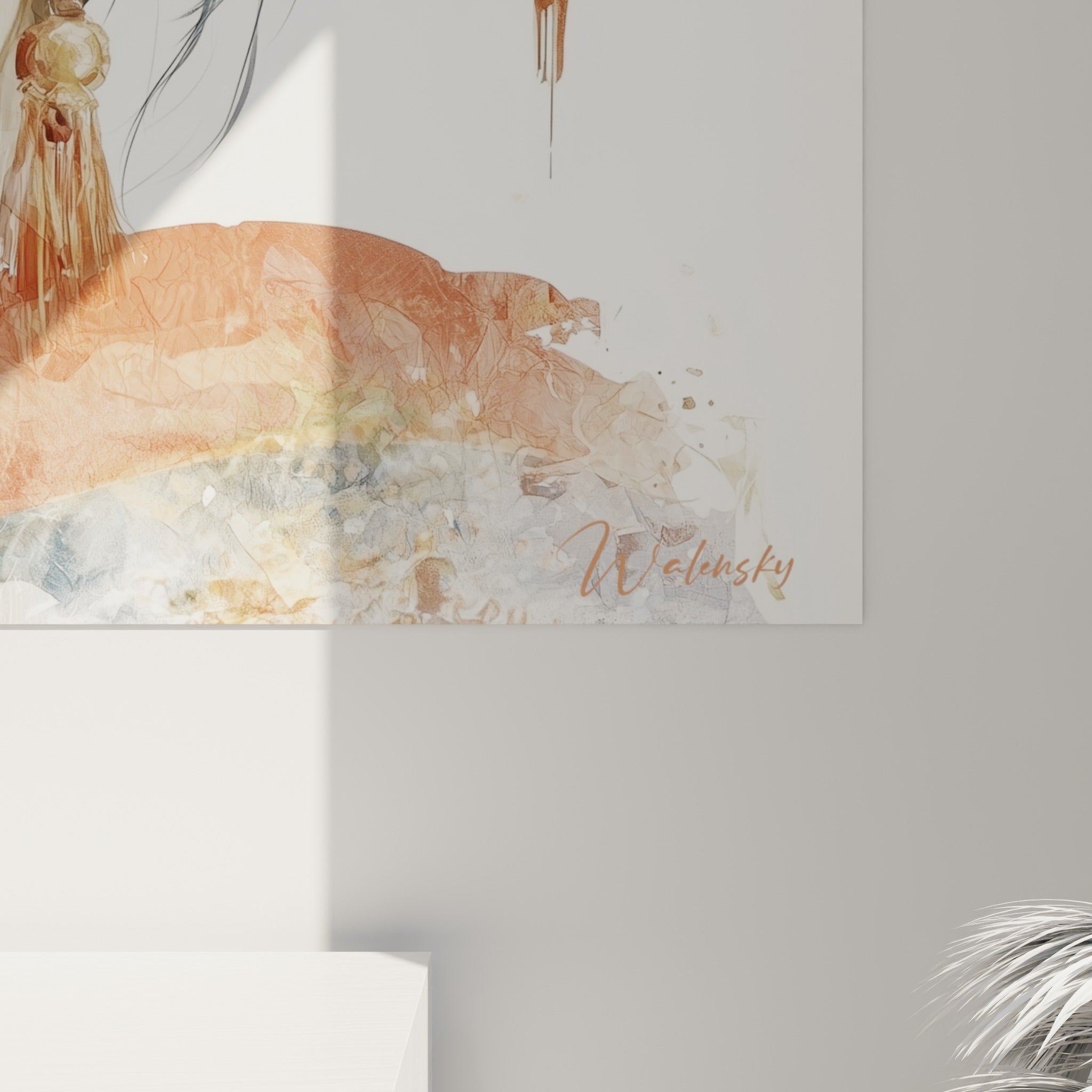 Détail des coulures aquarelle terracotta et bleu ardoise sur ce tableau Dia de los Muertos accroché
