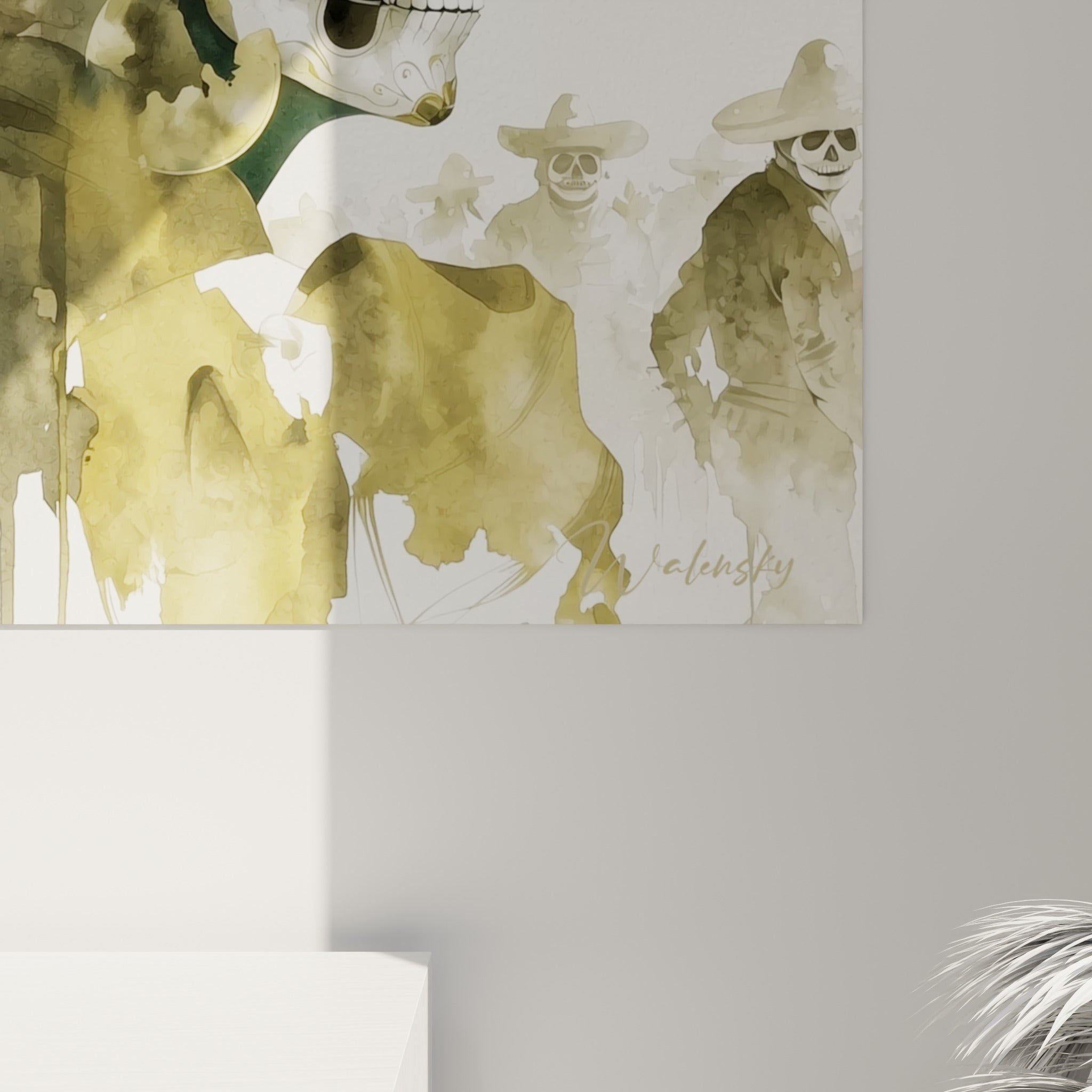 Coulures dorées et vertes se mêlant sur la toile, grain aquarelle visible autour des crânes peints Dia de los Muertos