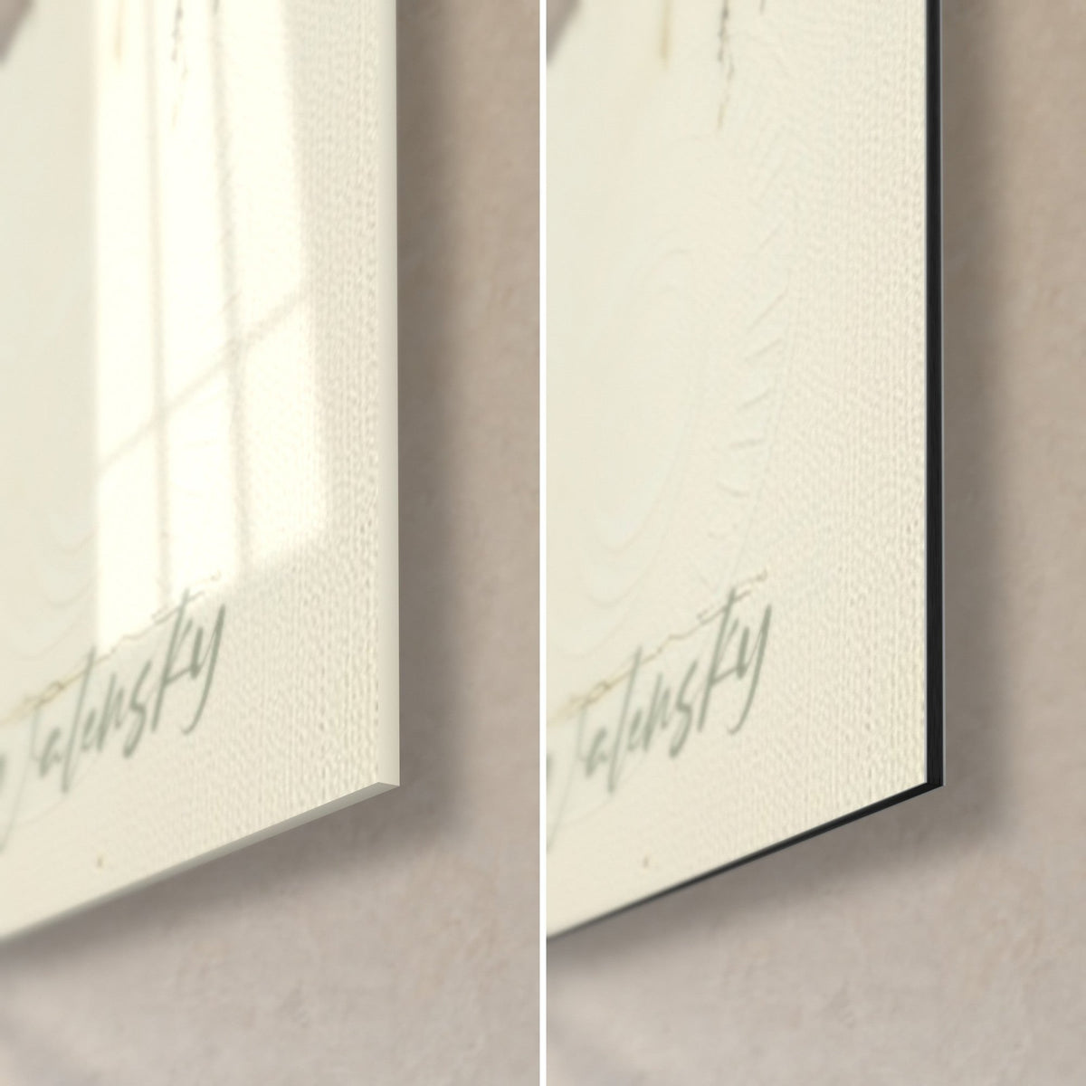 Quadro valzer di eleganti scheletri, angolo in basso a destra in vetro acrilico lucido e alluminio Dibond nero opaco, firma verde Walensky, spessore 3 mm