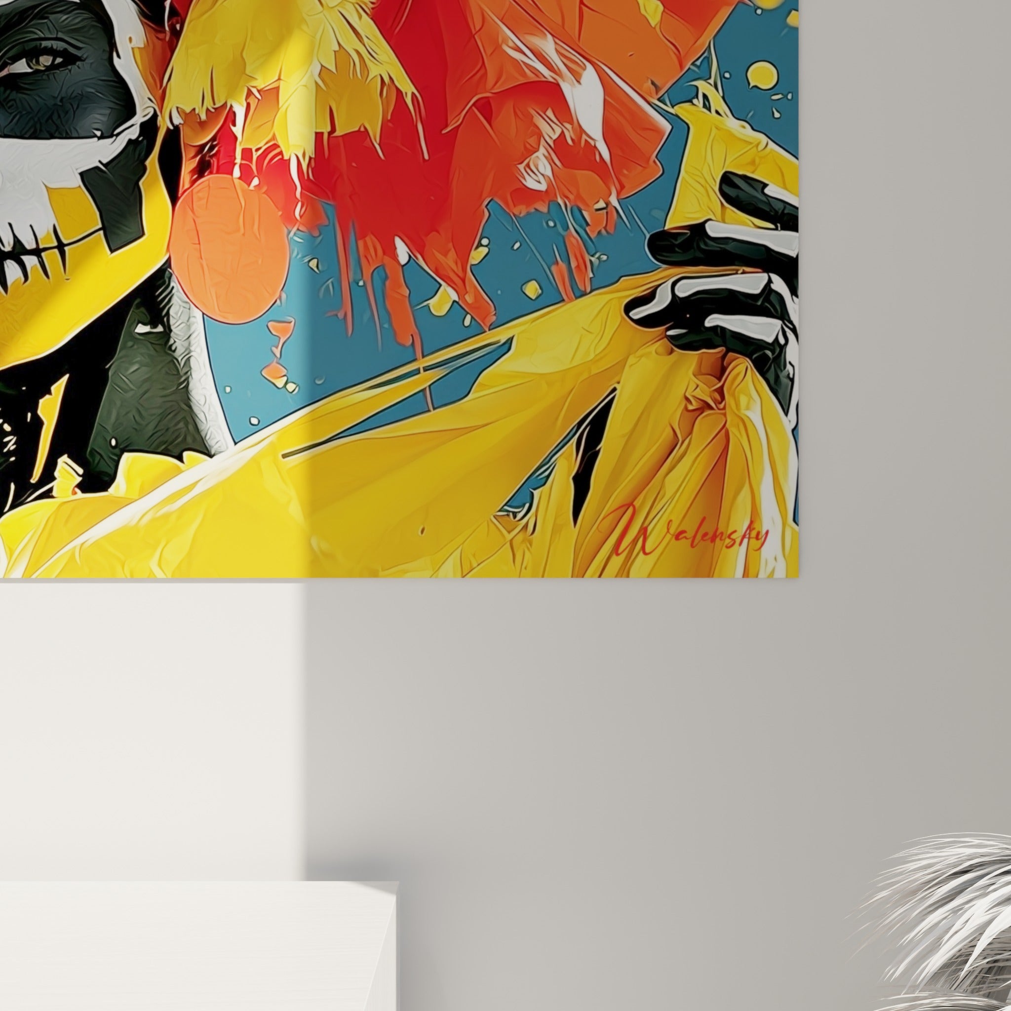 Détail du grain pictural Dia de los Muertos, coulures jaunes et orange sur fond bleu, empâtements visibles