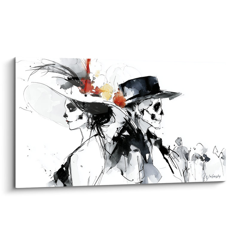Tableau Couple à l'encre noir et blanc aux fleurs éclaboussées - Chapeau haut de forme - Edition Dia de los Muertos