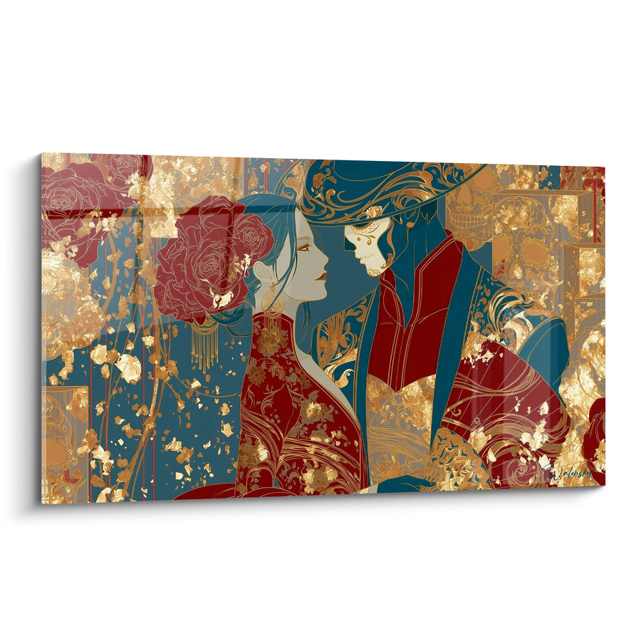 Tableau Couple profil bordeaux et bleu aux roses dorées - Chapeau à volutes - Edition Dia de los Muertos