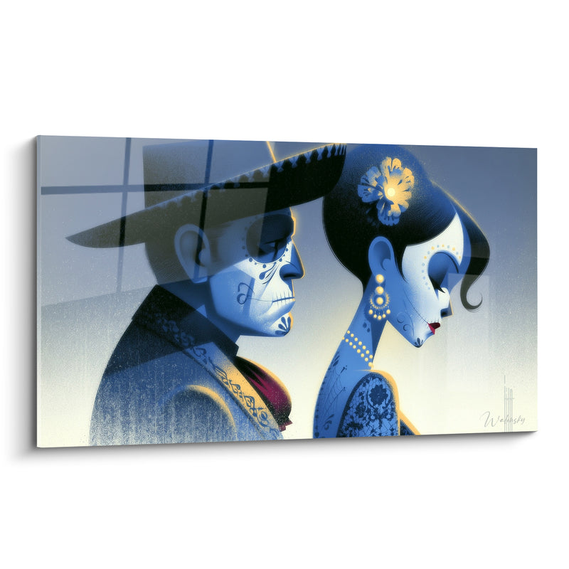 Tableau Couple bleu et noir au sombrero orné - Fleur d'oreille dorée - Edition Dia de los Muertos