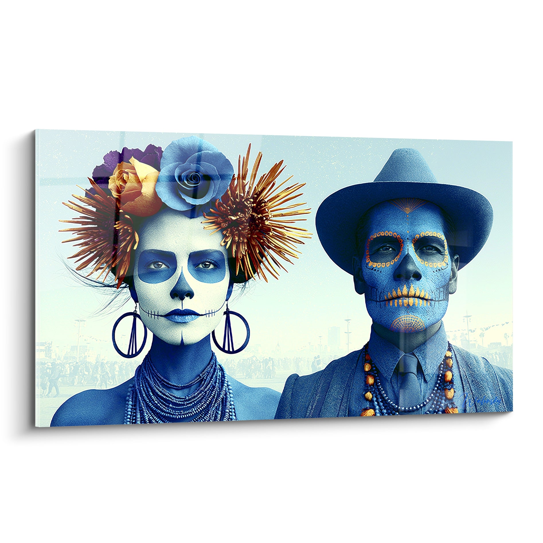 Couple Dia de los Muertos au visage bleu marine, coiffure florale ocre et dorée, style photographique