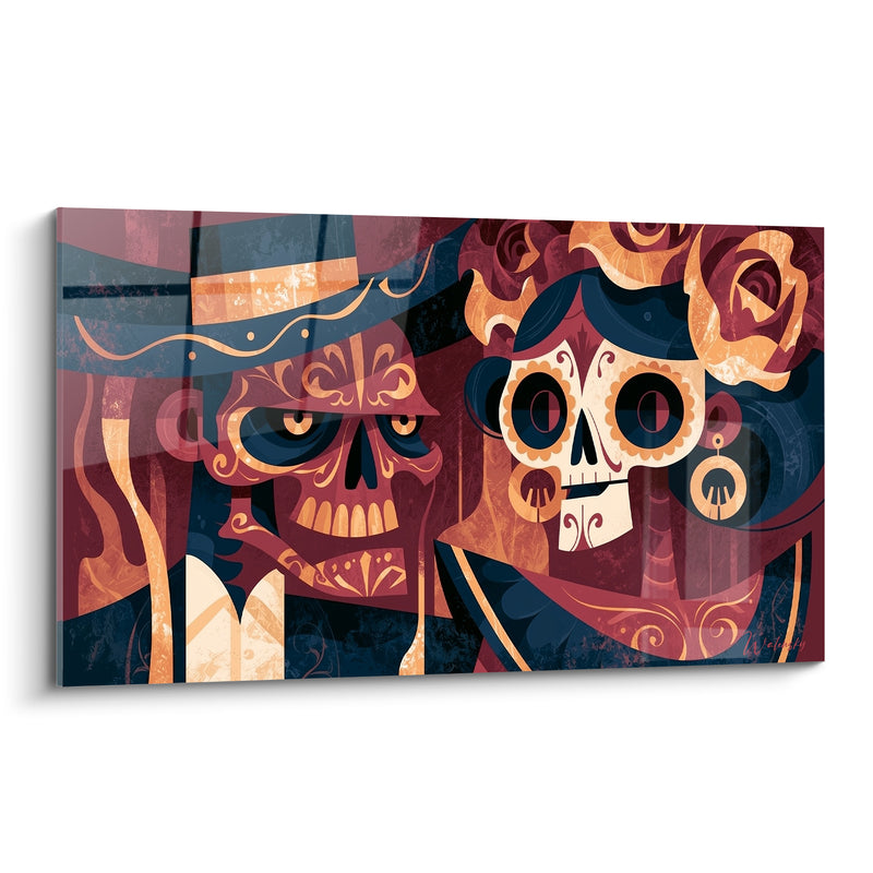 Tableau Couple de crânes bordeaux et bleu marine - Complicité éternelle - Edition Dia de los Muertos