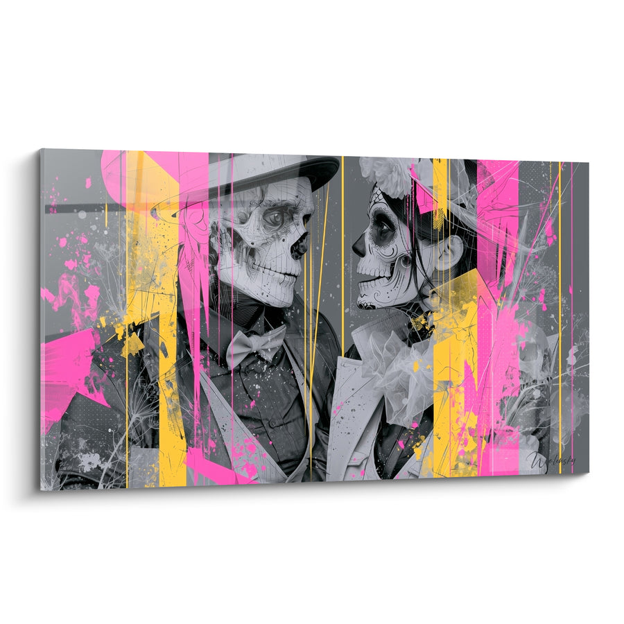Tableau Couple squelette gris et rose aux coulures verticales - Nœud papillon et haut-de-forme - Edition Dia de los Muertos