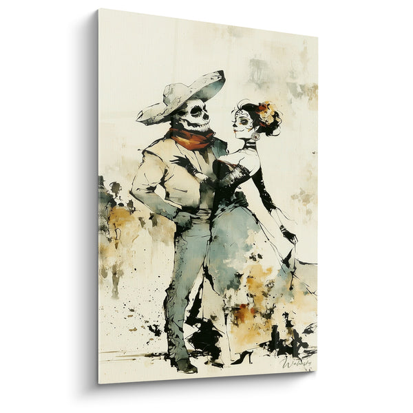 Gemälde Skelettduo mit weißem Sombrero und rotem Tuch - Aquarelltanz - Dia de los Muertos Edition