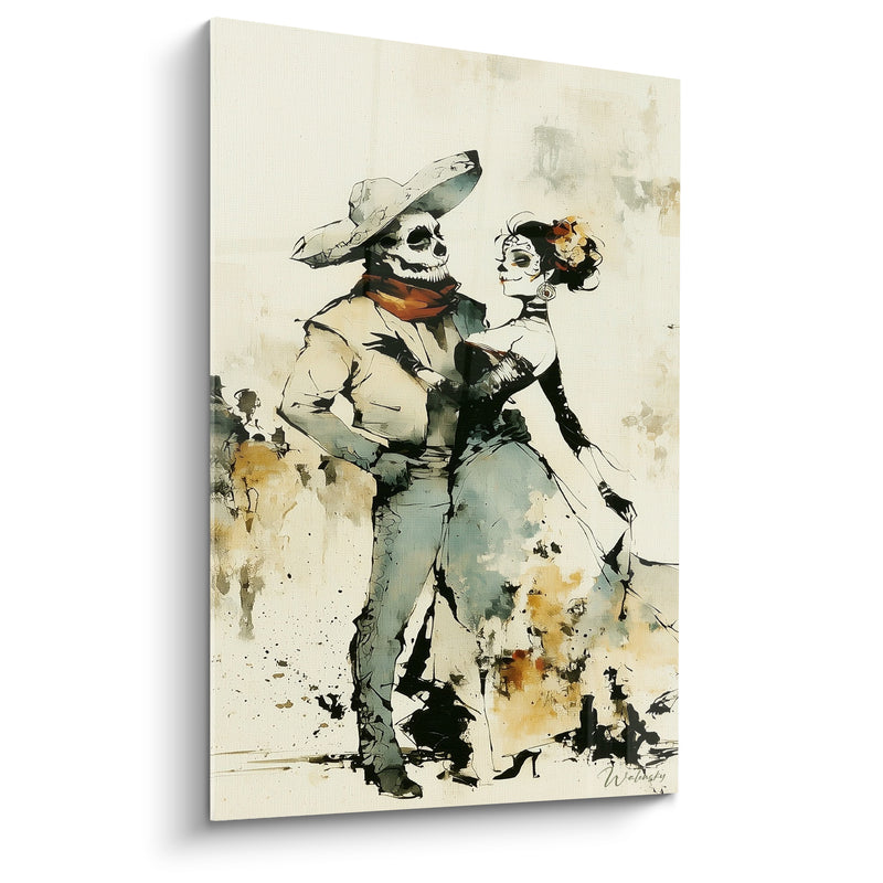 Tableau Couple squelette au sombrero blanc et foulard rouge - Danse en aquarelle - Edition Dia de los Muertos