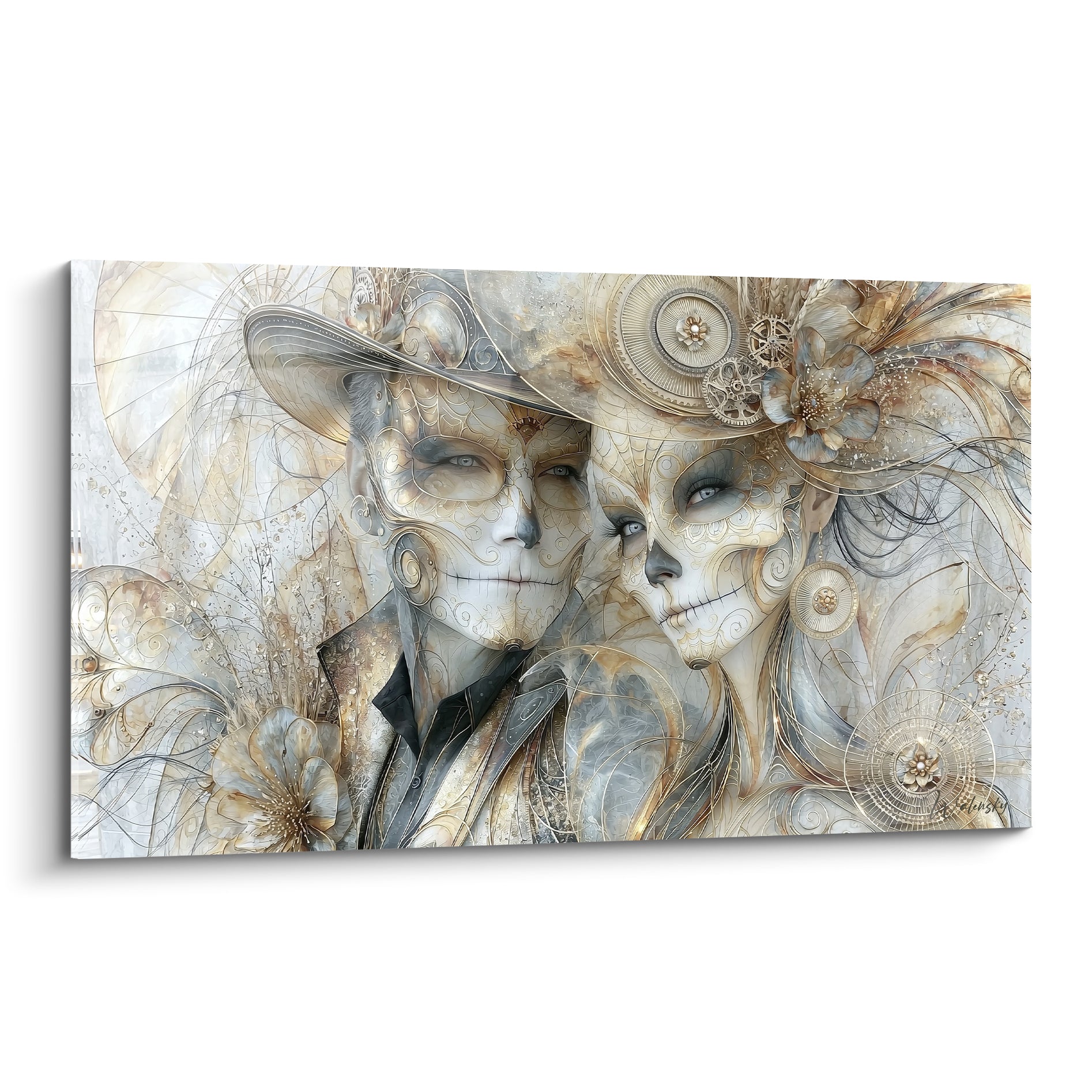 Couple Dia de los Muertos aux visages dorés et gris, ornements filigranés, plein cadre pictural