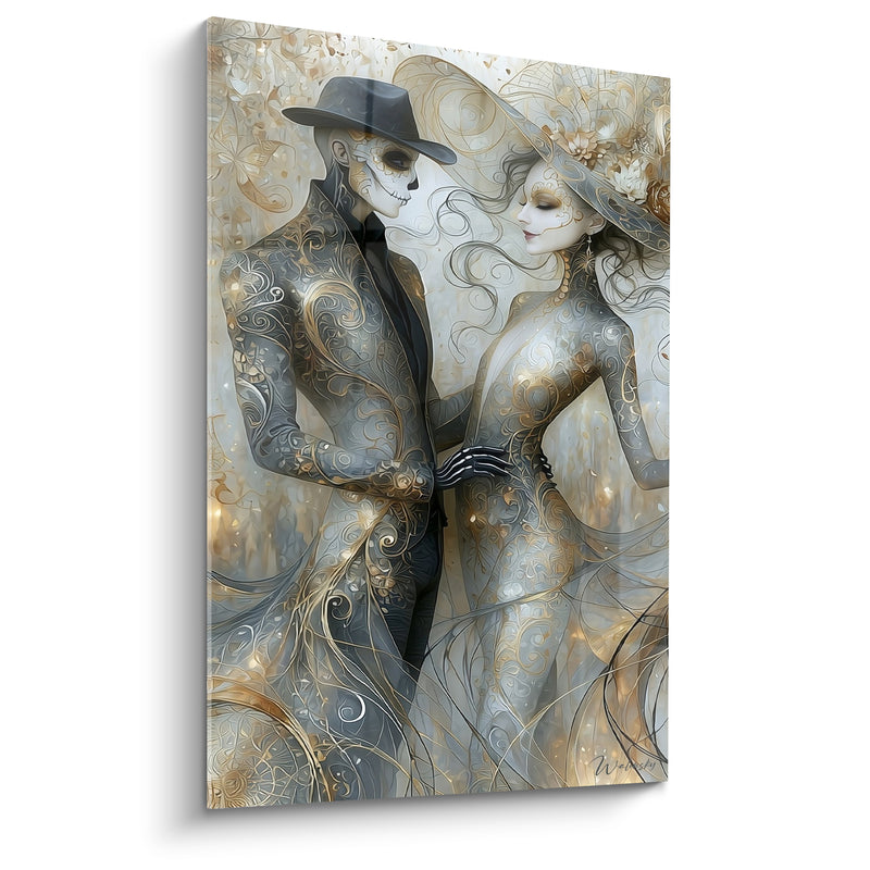 Tableau Couple squelette élégant aux volutes dorées - Valse éternelle - Edition Dia de los Muertos