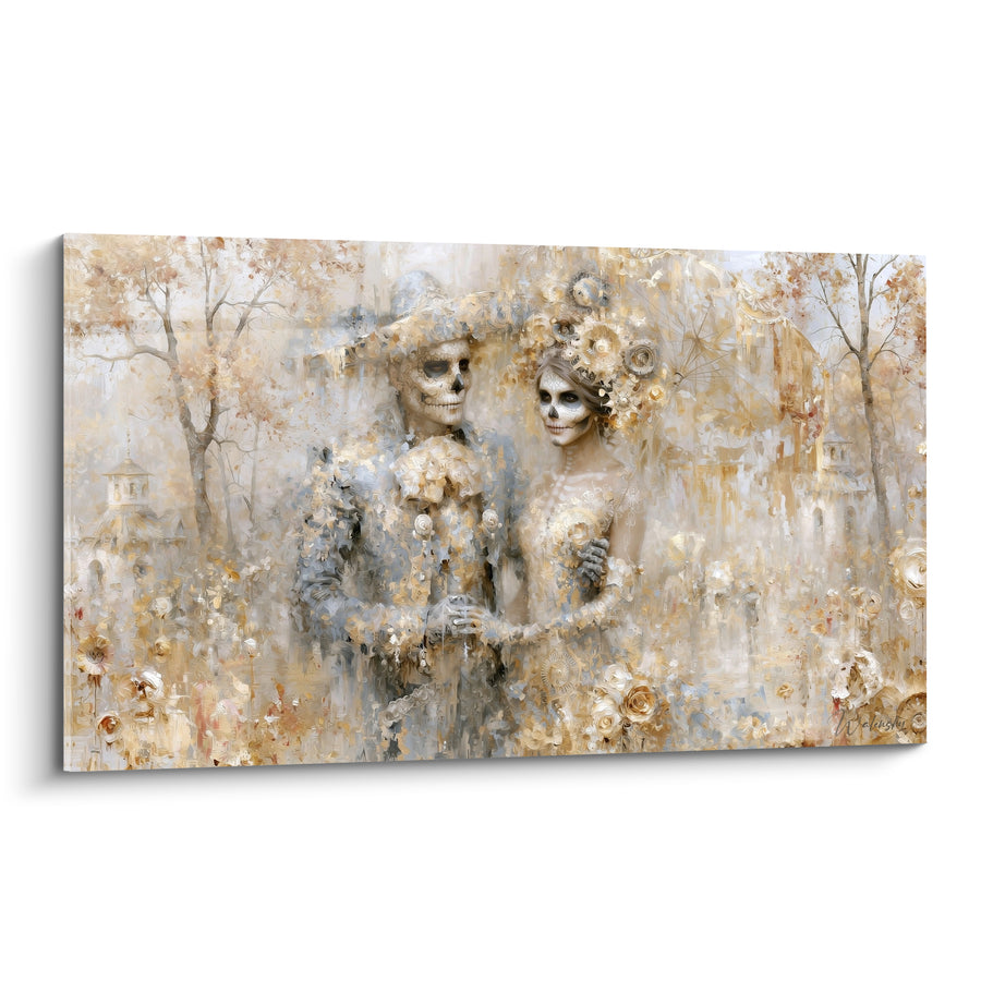 Tableau Couple squelette doré aux roses ivoire - Noces éternelles - Edition Dia de los Muertos