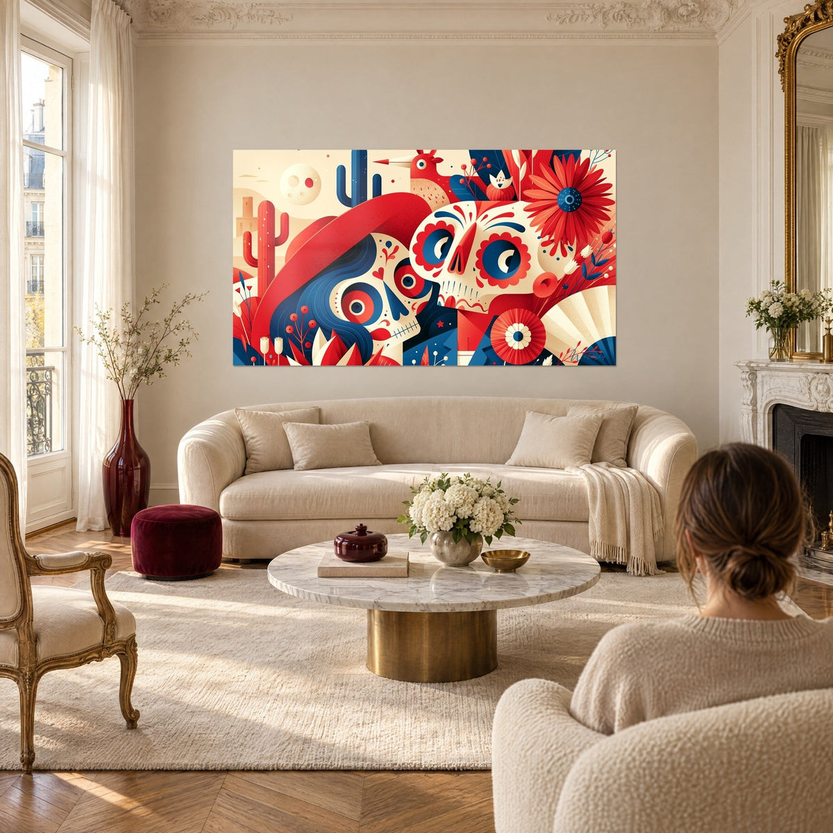Quadro coppia di teschi di zucchero con sombrero rosso, fiore scarlatto e cactus blu, sopra un divano in un soggiorno luminoso