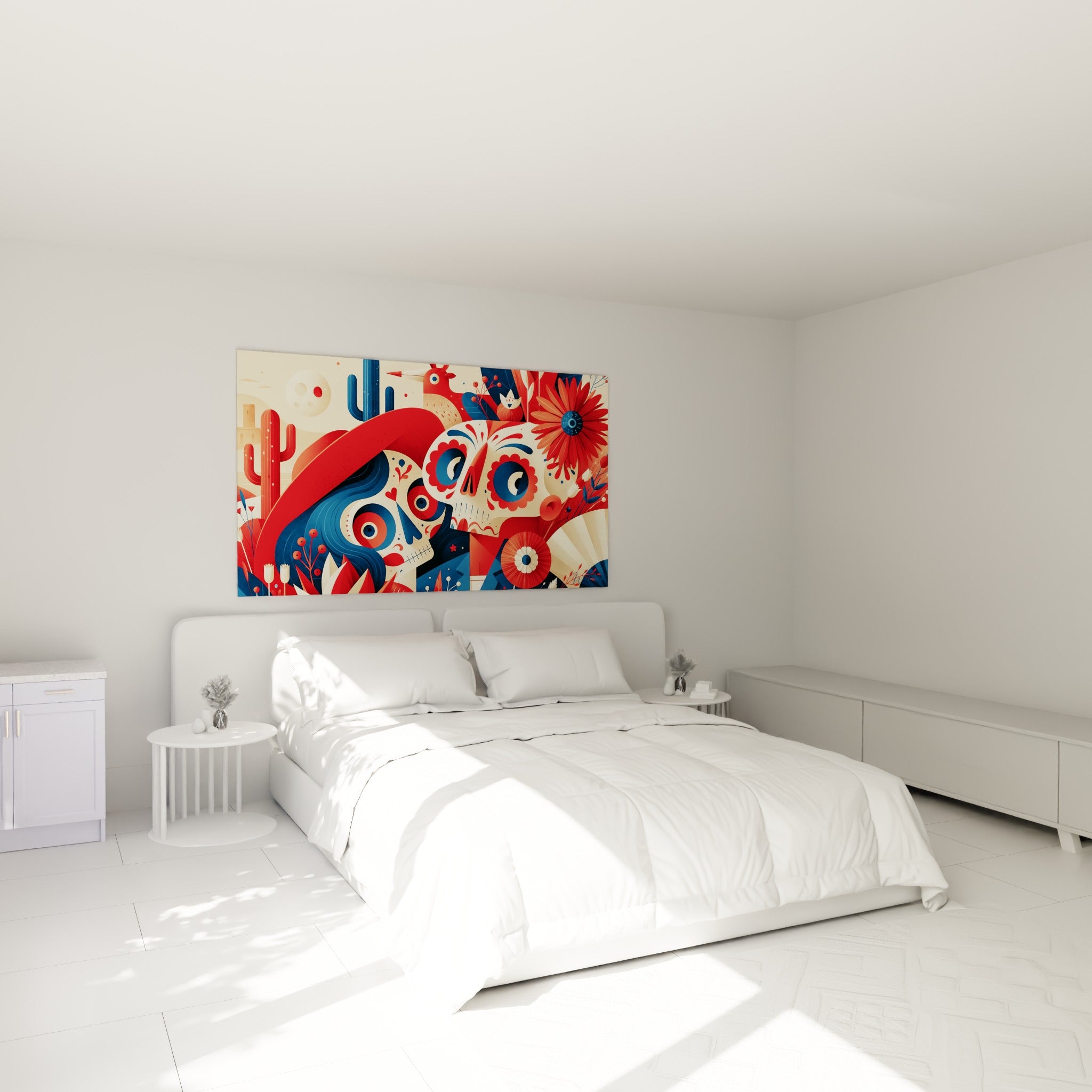 Crânes Dia de los Muertos rouge et bleu accolés au-dessus d'un lit dans une chambre claire