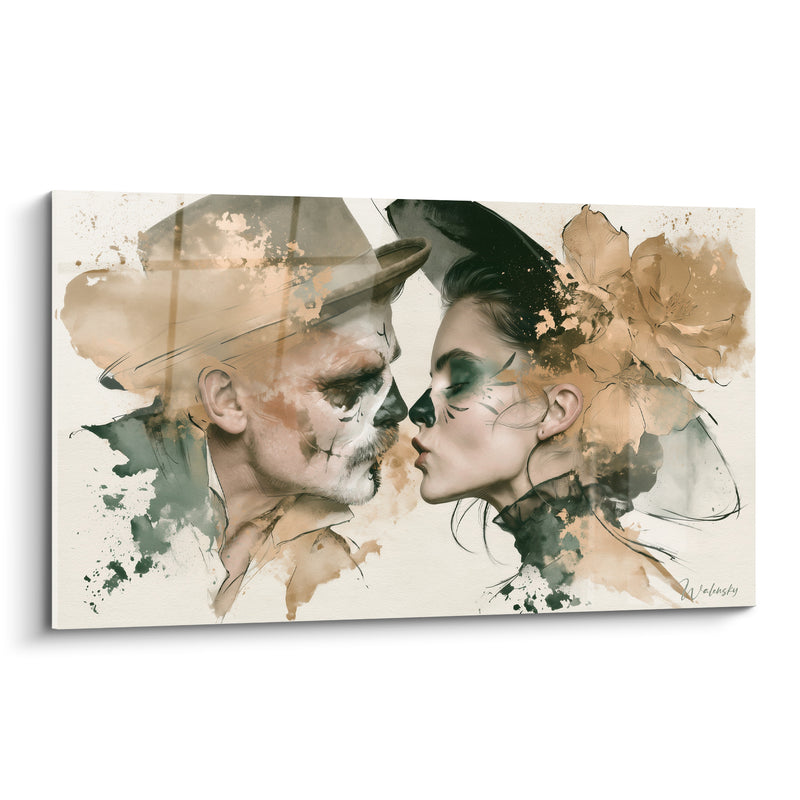 Tableau Couple maquillé ocre et vert profond - Baiser éternel - Edition Dia de los Muertos