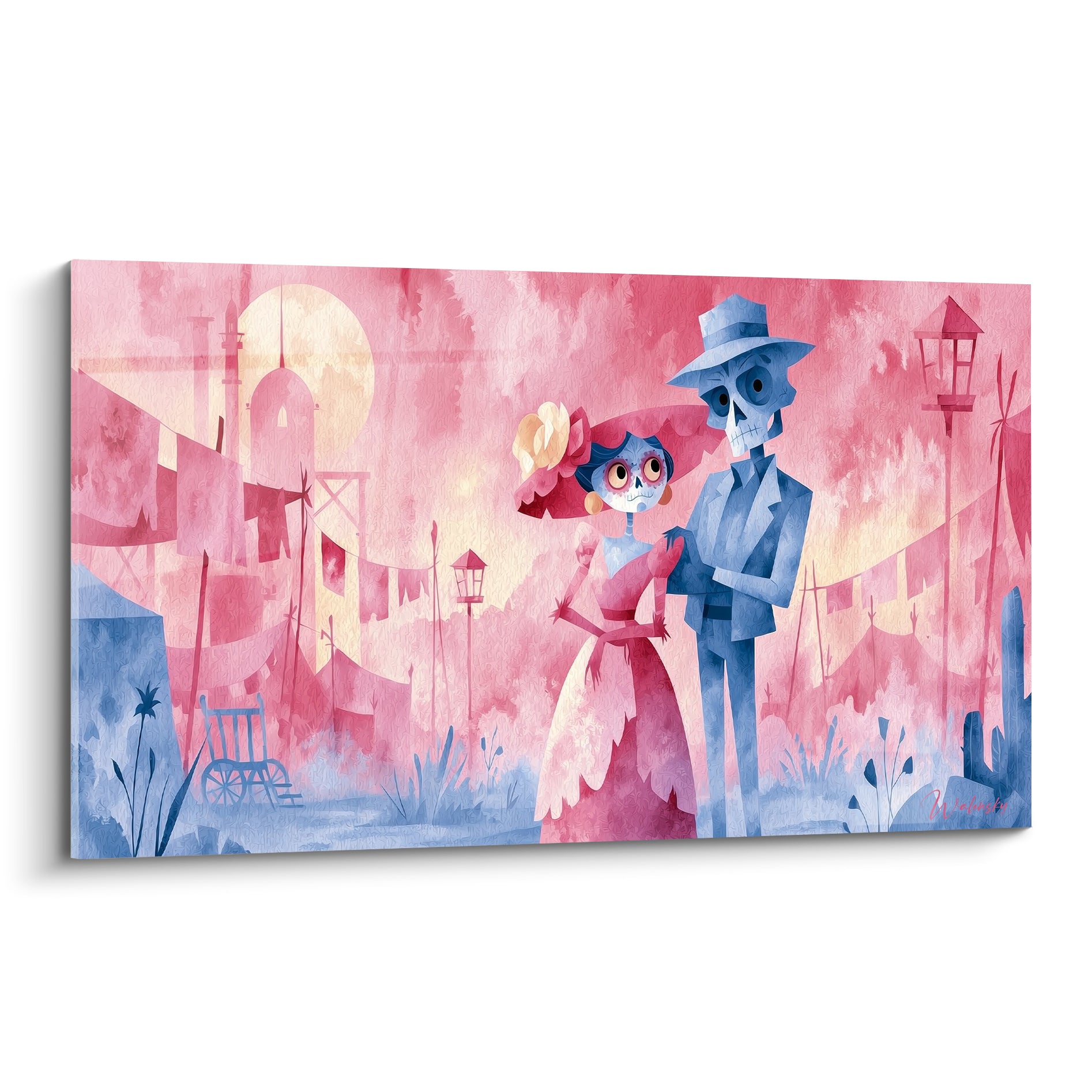 Couple squelettique Dia de los Muertos en rose fuchsia et bleu ardoise, posture enlacée sous une lune crème