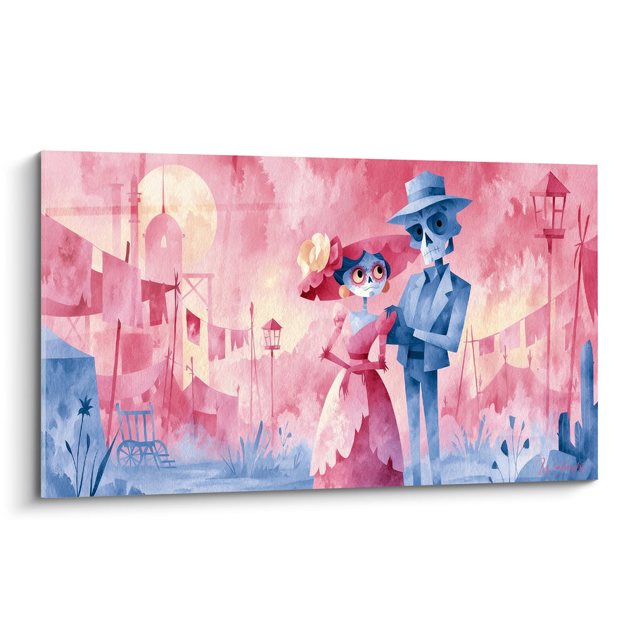 Tableau Couple squelette rose et bleu sous fanions suspendus - Lune pâle et lanternes - Edition Dia de los Muertos