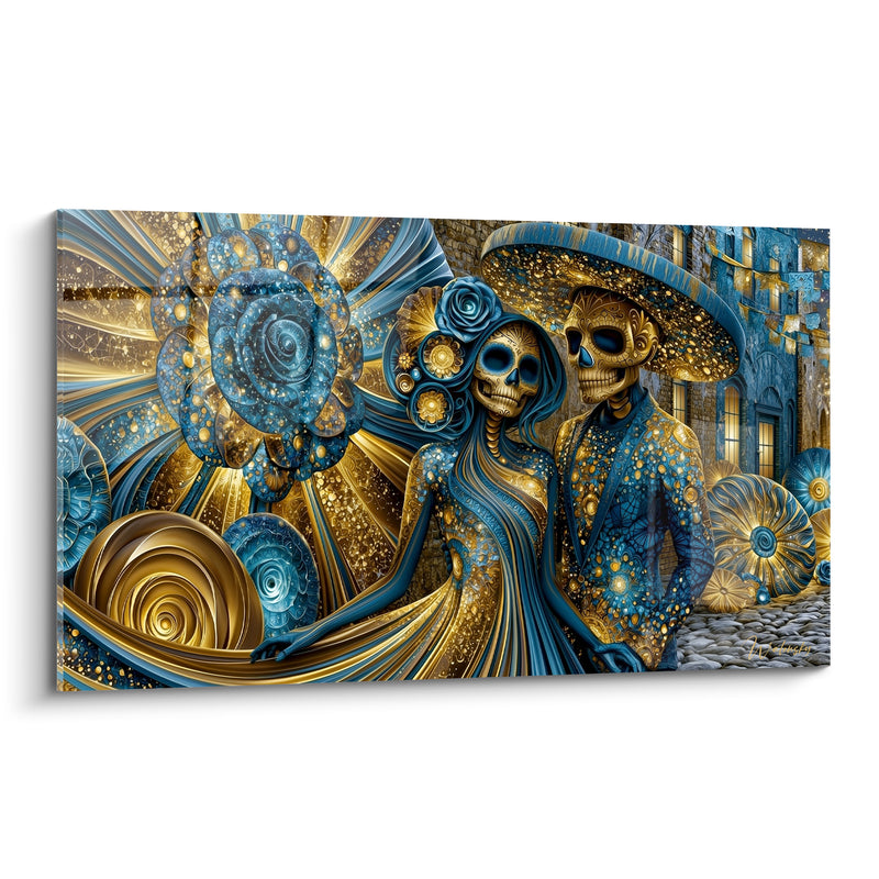 Tableau Couple squelette doré aux motifs bleus - Danse éternelle - Edition Dia de los Muertos