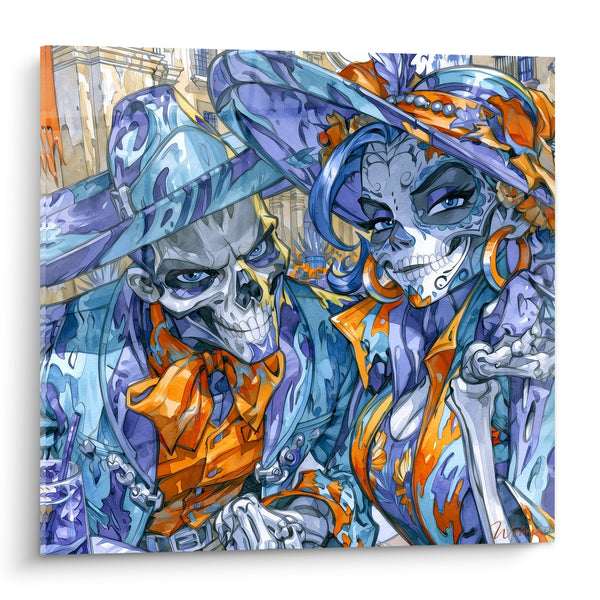 Gemälde Eleganzes Skelettduo Blau und Orange – Ewiges Rendezvous – Dia de los Muertos Edition