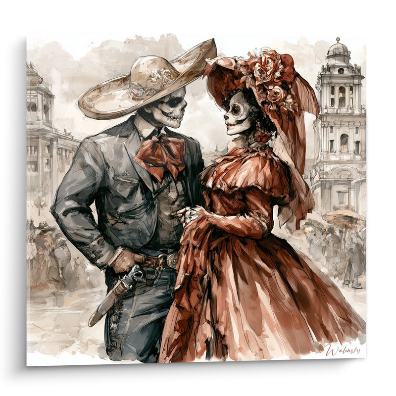 Tableau Couple de squelettes en robe terracotta et gris - Bal des âmes - Edition Dia de los Muertos