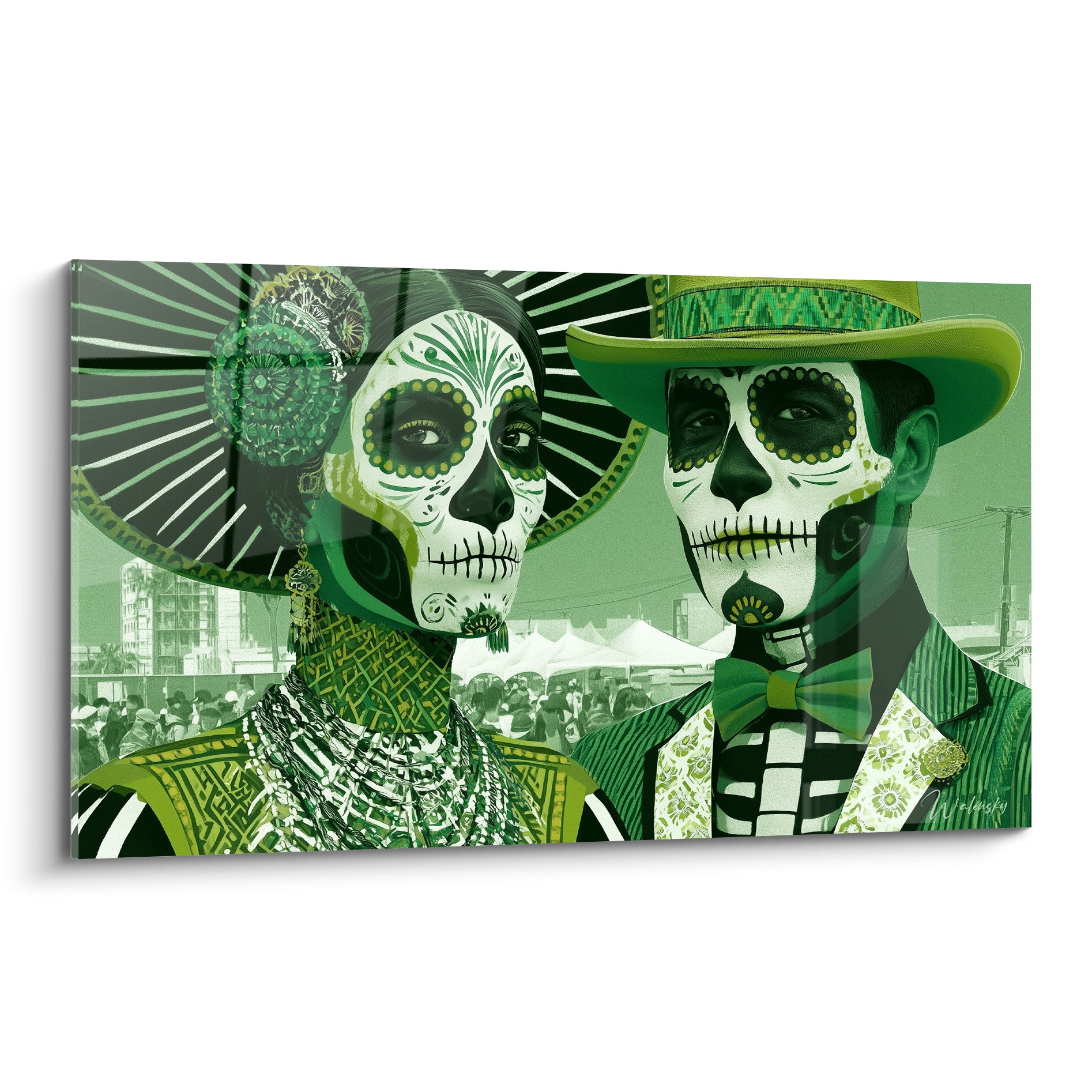 Couple aux visages peints en crâne, teintes vert olive et blanc, style Dia de los Muertos