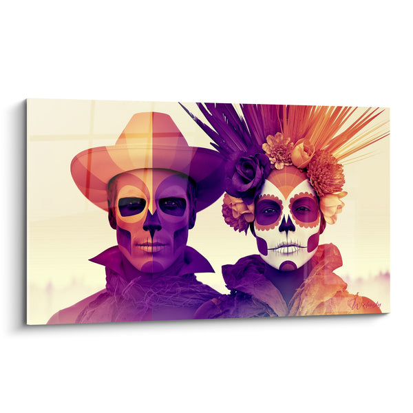 Gemälde Paar bemalt in Violett und Orange mit breitkrempigen Hut - zerbrochene Kopfbedeckung mit Federn - Dia de los Muertos Edition