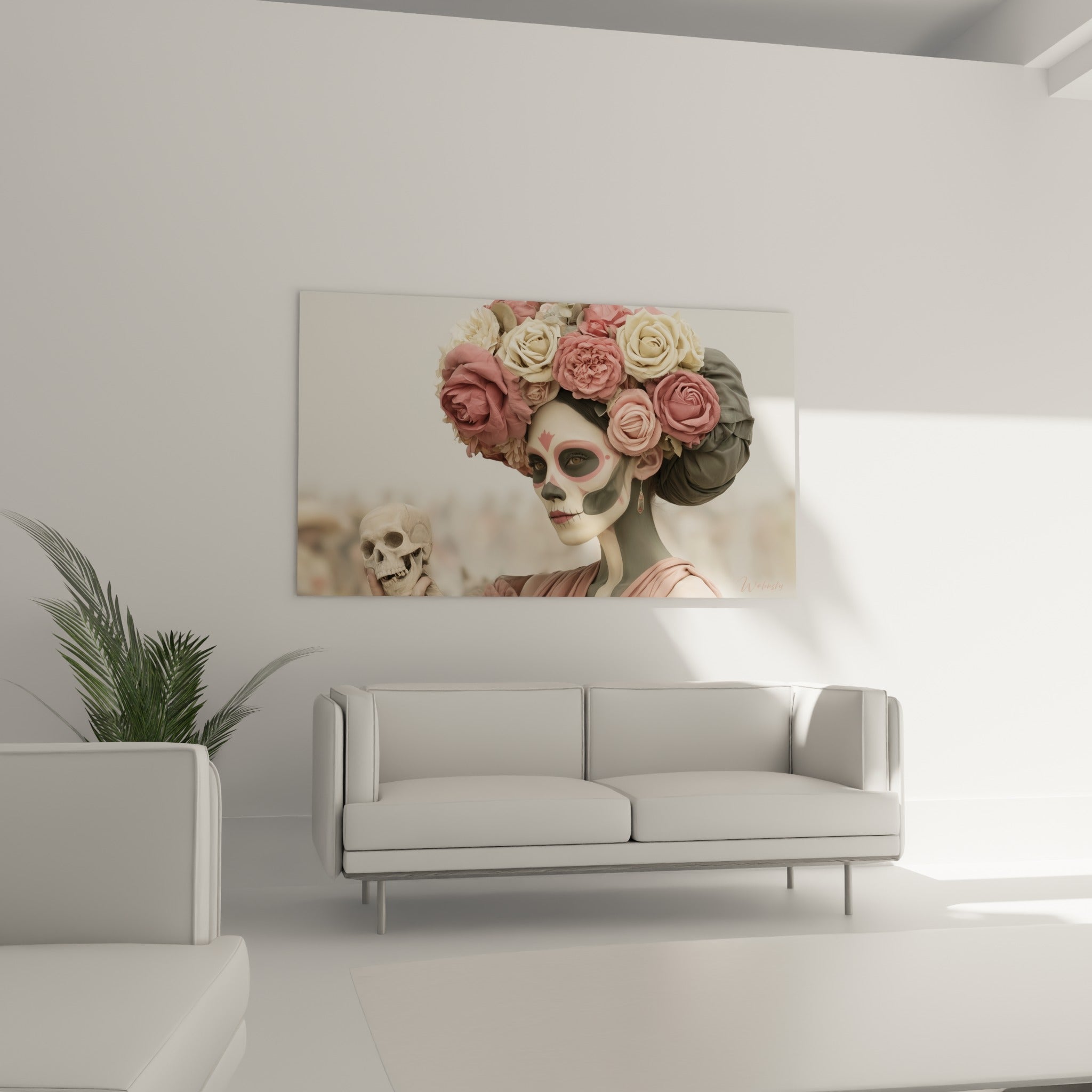 Couronne florale rose et ivoire de la Catrina, tableau Dia de los Muertos au-dessus d'un canapé dans un salon lumineux