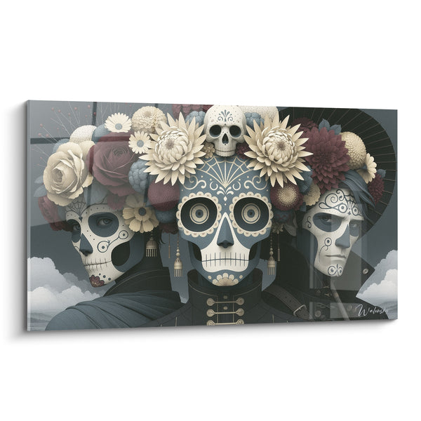 Tableau Trio of Grey and Ivory Skulls with Chrysanthemums - Small Skull Overlooking the Crown - Dia de los Muertos Edition
