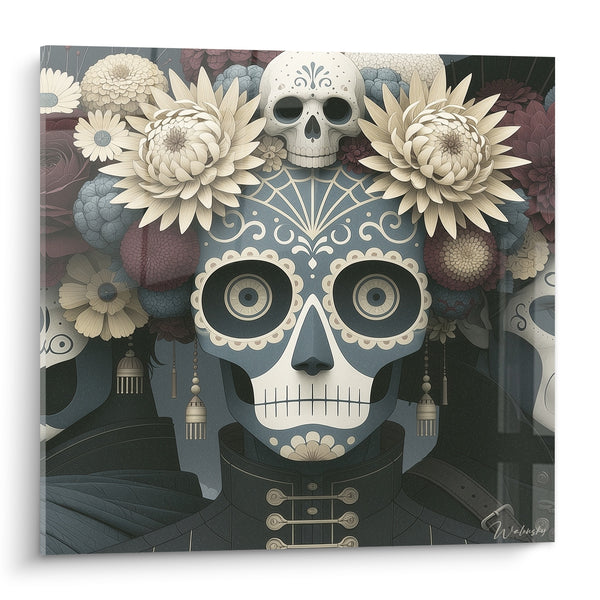 Blue Slate and Ivory Skull Painting with Suspended Tassels - Crowned Skull - Dia de los Muertos Edition
