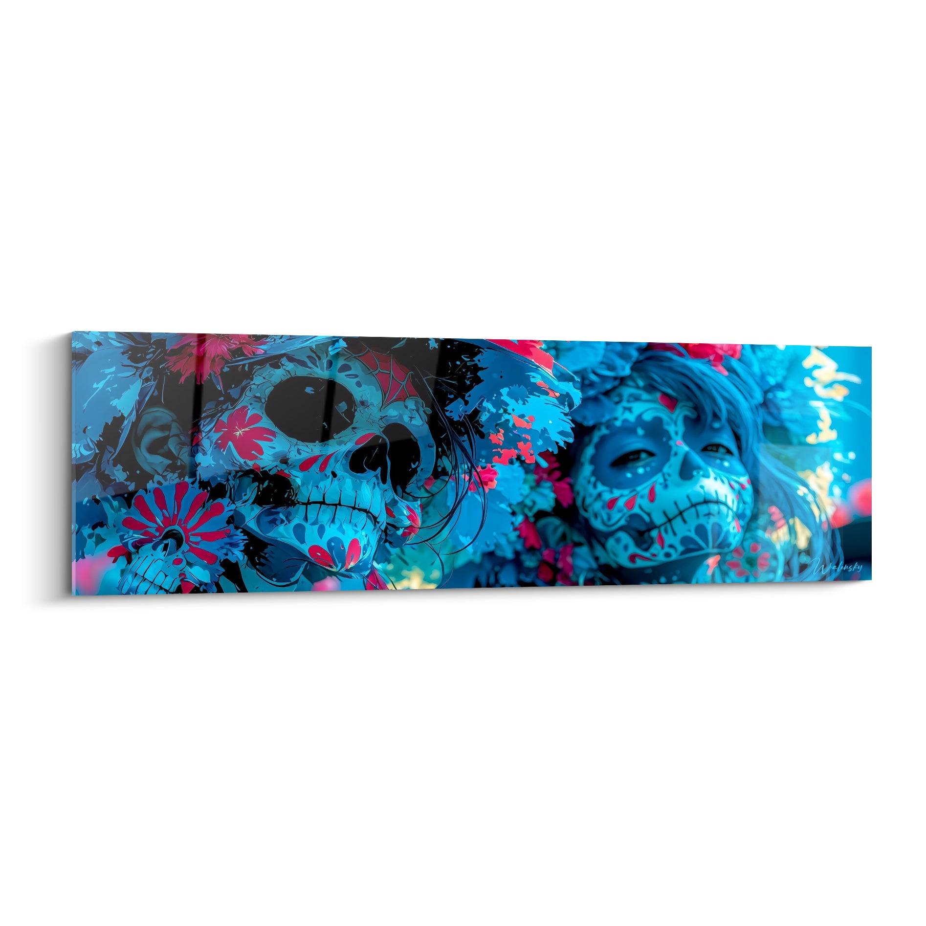 Visage peint et crâne fleuri bleu turquoise et fuchsia, style Dia de los Muertos aux motifs graphiques intenses.